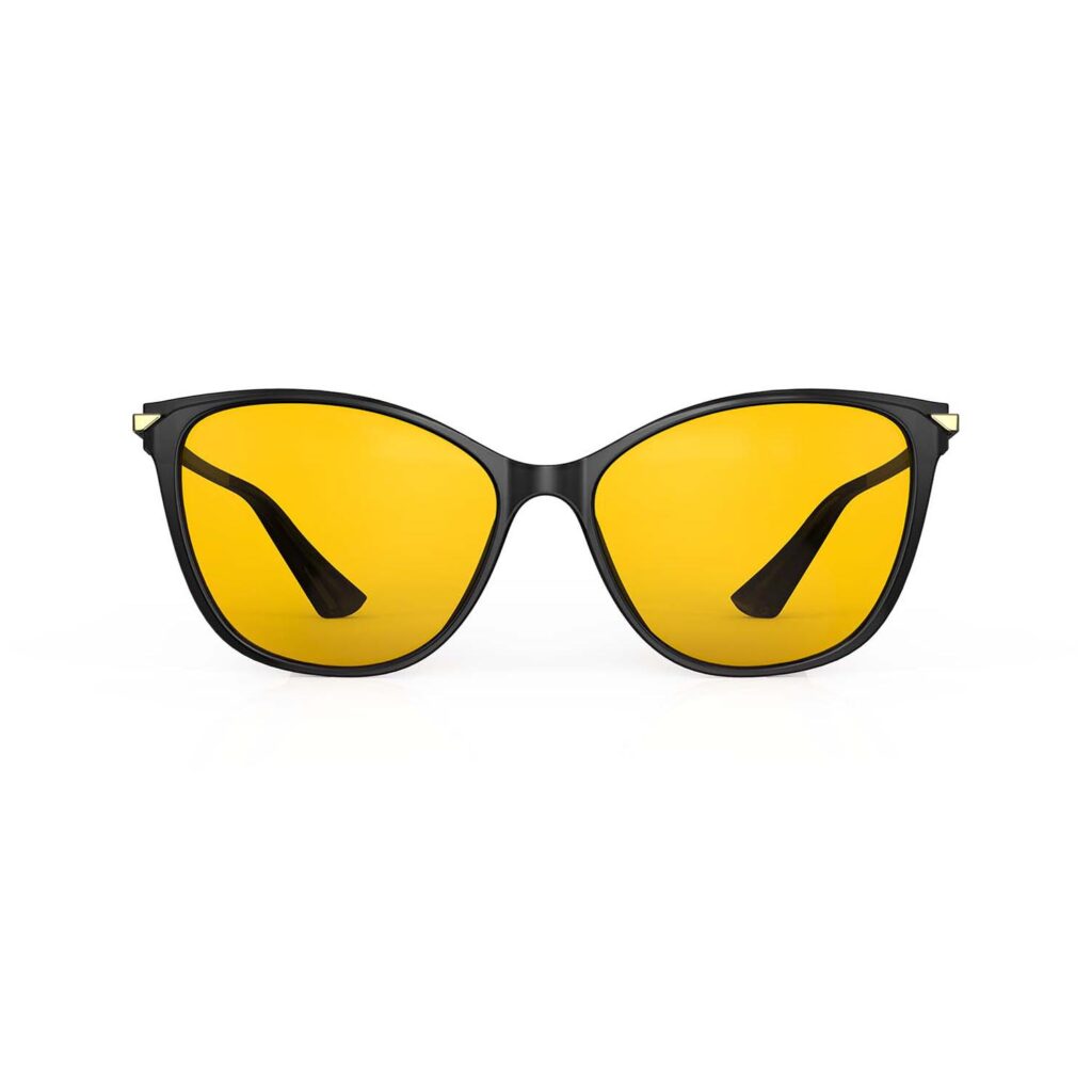 A Front view of Gloojo AmberShield Amber Lens Cat Eye Light Sensitivity Glasses – Black Gold