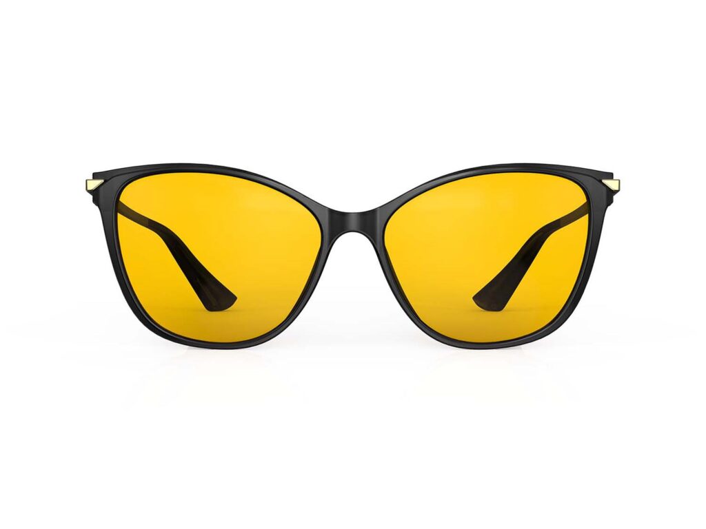 A Front view of Gloojo Amber Shield Amber Lens Cat Eye Light Sensitivity Glasses – Black Gold