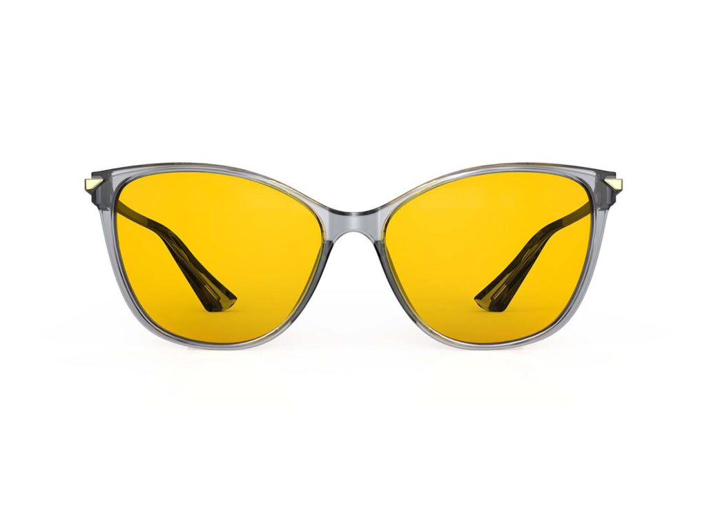 A Front view of Gloojo Amber Shield Amber Lens Cat Eye Light Sensitivity Glasses – Grey Gold