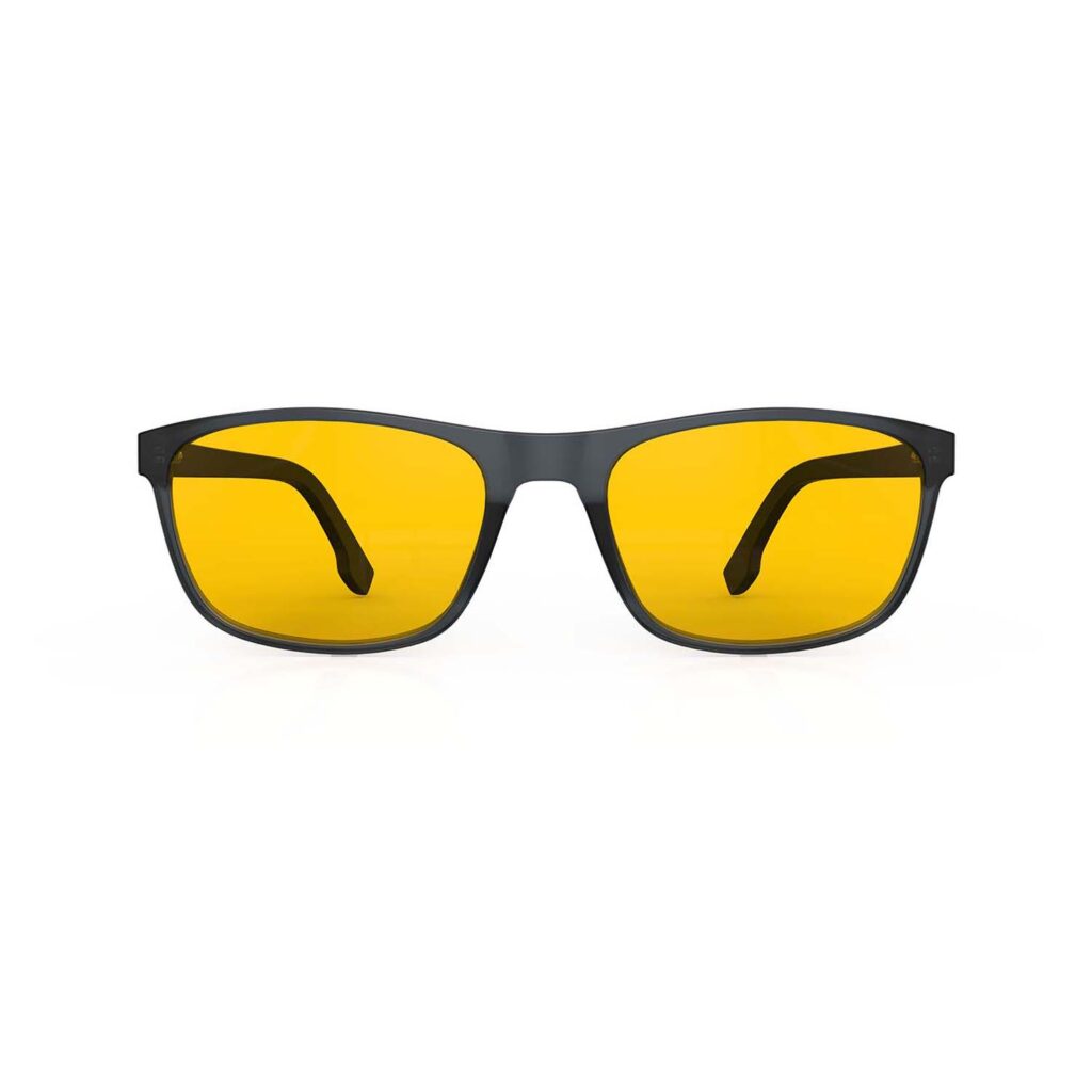 A Front view of Gloojo AmberShield Amber Lens Rectangle Light Sensitivity Glasses – Black