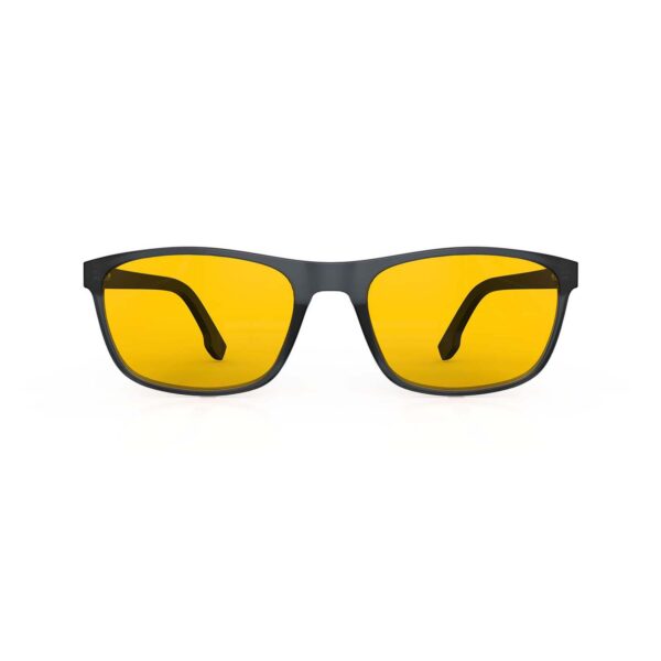 A Front view of Gloojo AmberShield Amber Lens Rectangle Light Sensitivity Glasses – Black