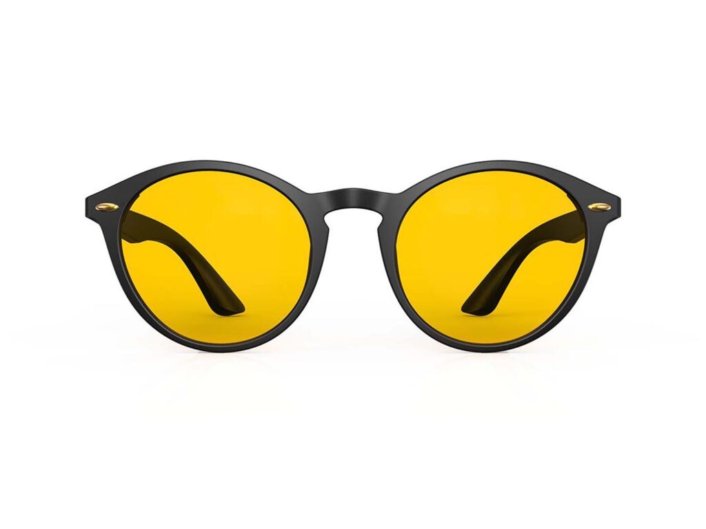 A Front view of Gloojo Amber Shield Amber Lens Round Light Sensitivity Glasses – Black