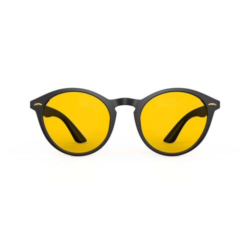 A Front view of Gloojo Amber Shield Amber Lens Round Light Sensitivity Glasses – Black