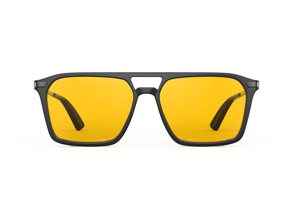 A Front view of Gloojo Amber Shield Amber Lens Square Aviator Light Sensitivity Glasses – Black Gunmetal
