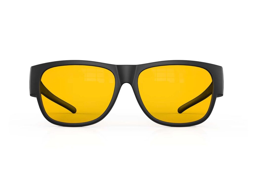 A Front view of Gloojo Amber Shield Amber Lens Square Fitover Light Sensitivity Glasses – Black