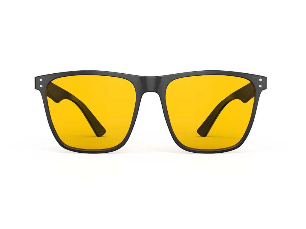 A Front view of Gloojo Amber Shield Amber Lens Square Light Sensitivity Glasses – Black