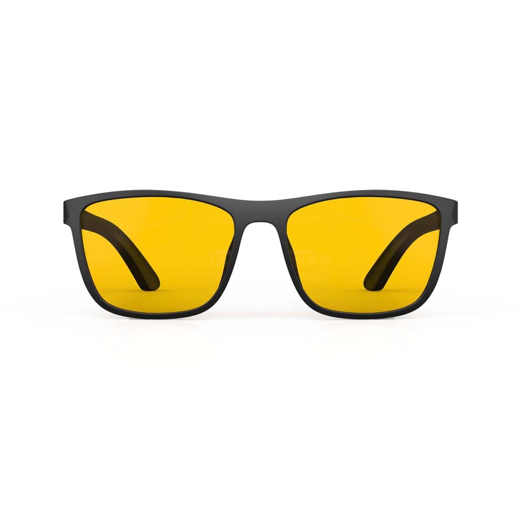 A Front view of Gloojo AmberShield Amber Lens wayfarer Light Sensitivity Glasses – Black