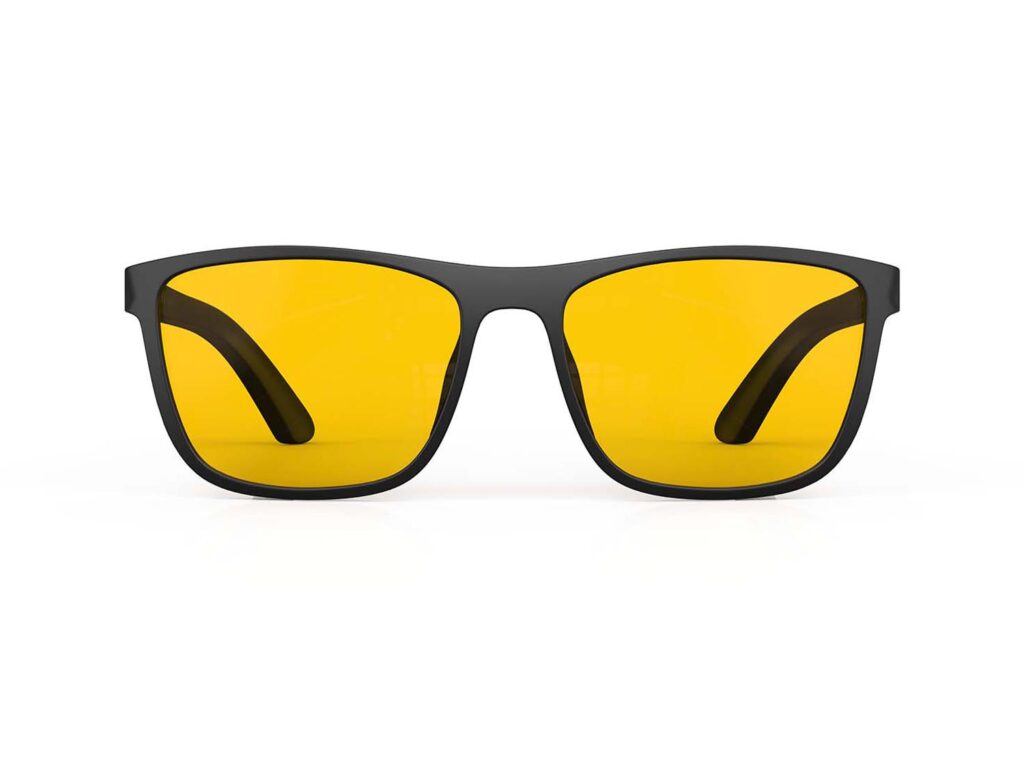 A Front view of Gloojo Amber Shield Amber Lens wayfarer Light Sensitivity Glasses – Black