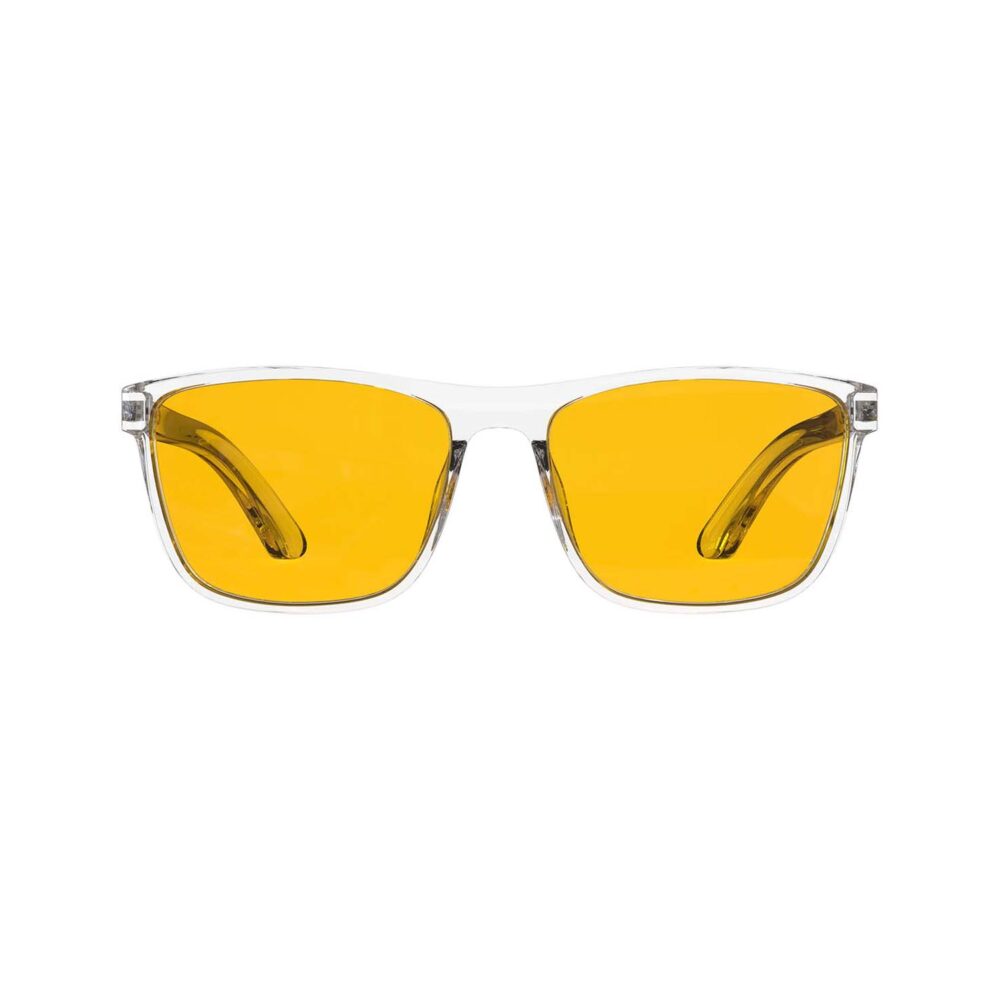 A Front view of Gloojo AmberShield Amber Lens wayfarer Light Sensitivity Glasses – Clear A Front view of Gloojo Amber Shield Amber Lens wayfarer Light Sensitivity Glasses – Clear