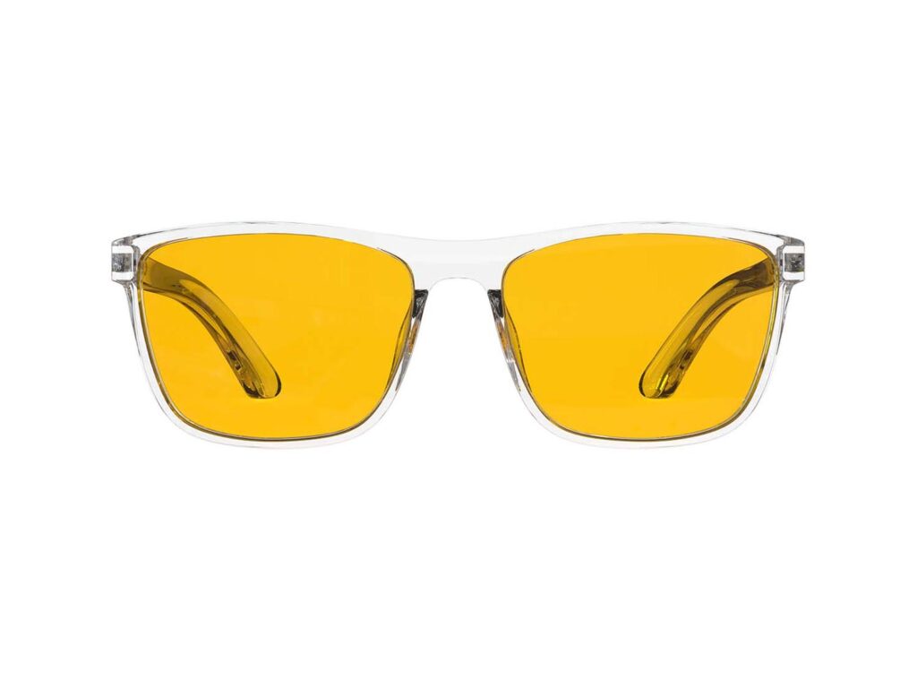 A Front view of Gloojo Amber Shield Amber Lens wayfarer Light Sensitivity Glasses – Clear