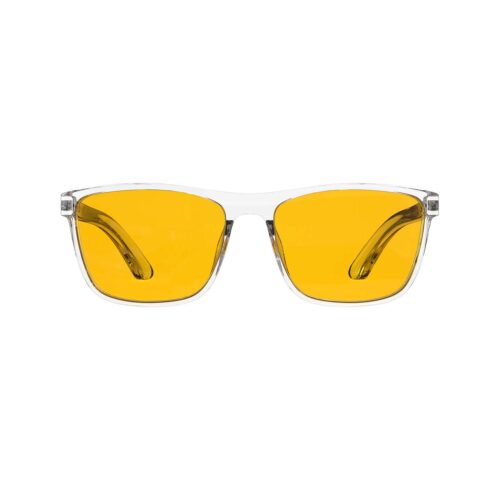 A Front view of Gloojo AmberShield Amber Lens wayfarer Light Sensitivity Glasses – Clear A Front view of Gloojo Amber Shield Amber Lens wayfarer Light Sensitivity Glasses – Clear