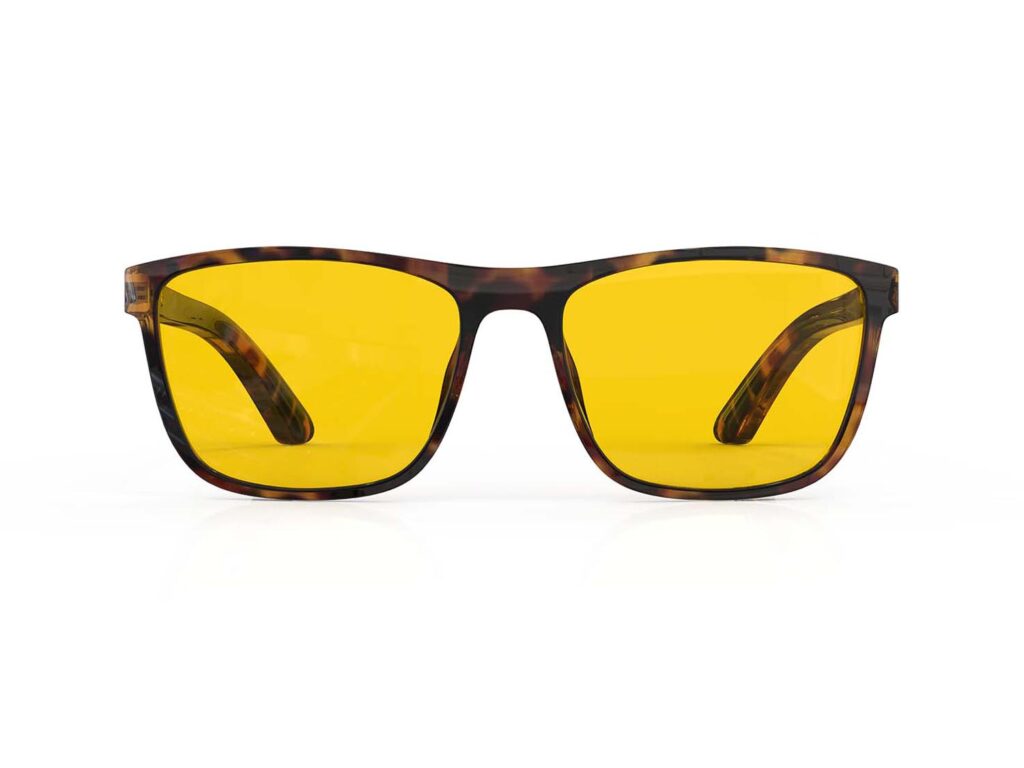 A Front view of Gloojo Amber Shield Amber Lens wayfarer Light Sensitivity Glasses – Tortoiseshell