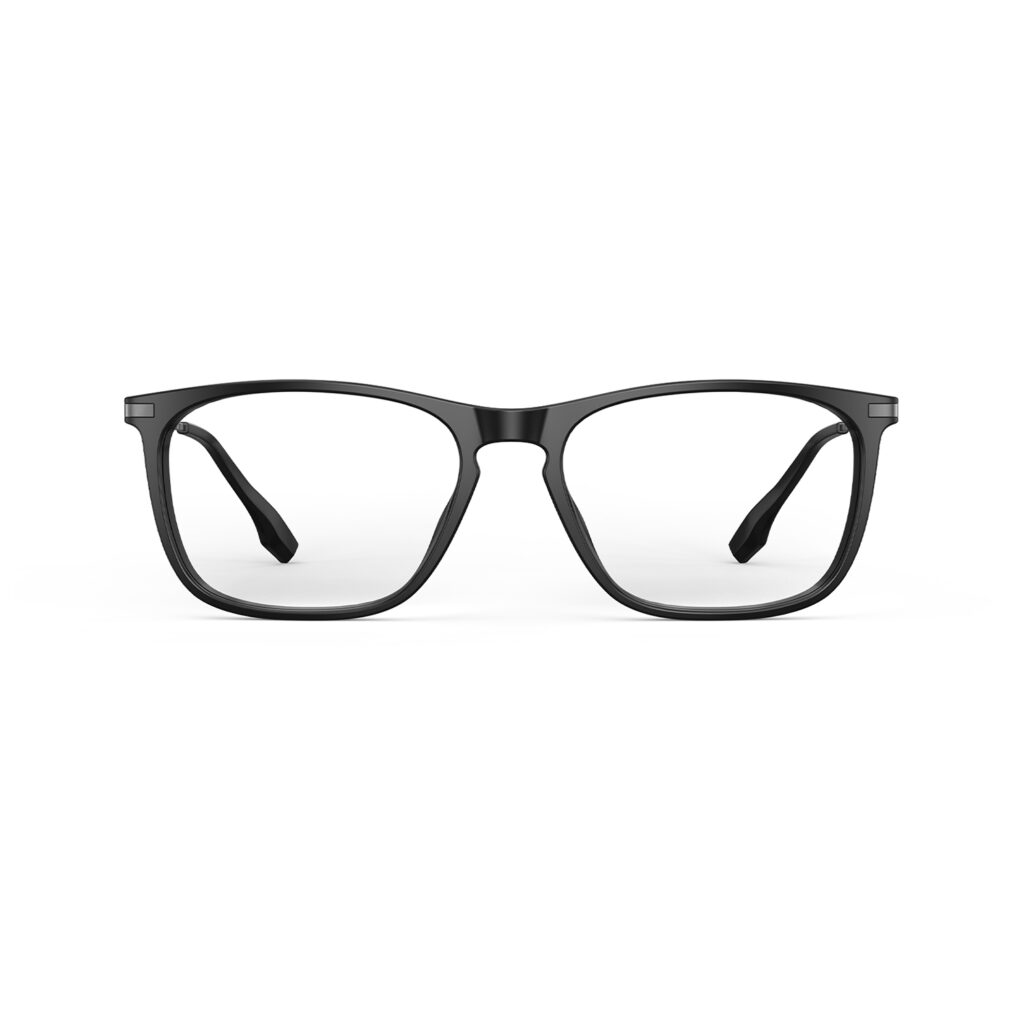 A Front view of Gloojo Clear Pro Transparent Lens Rectangle Computer and Gaming Glasses for Office – Black Gunmetal