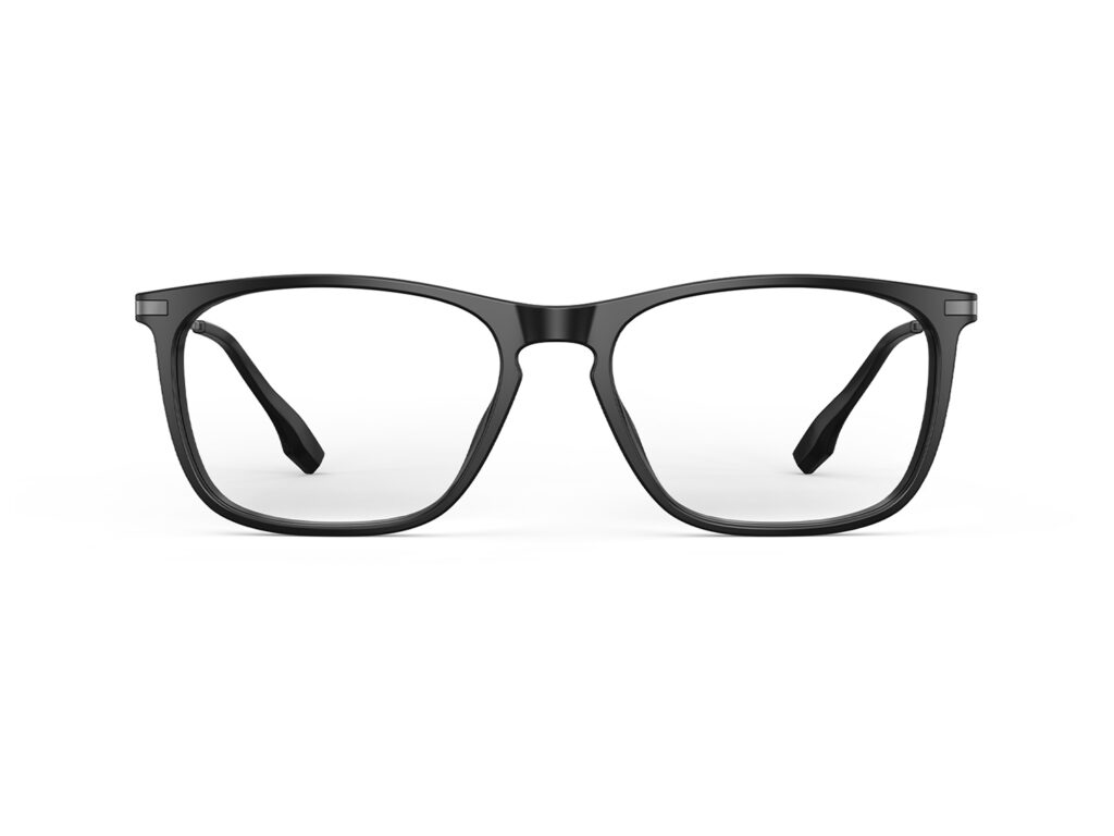 A Front view of Gloojo Clear Pro Transparent Lens Rectangle Computer and Gaming Glasses for Office – Black Gunmetal