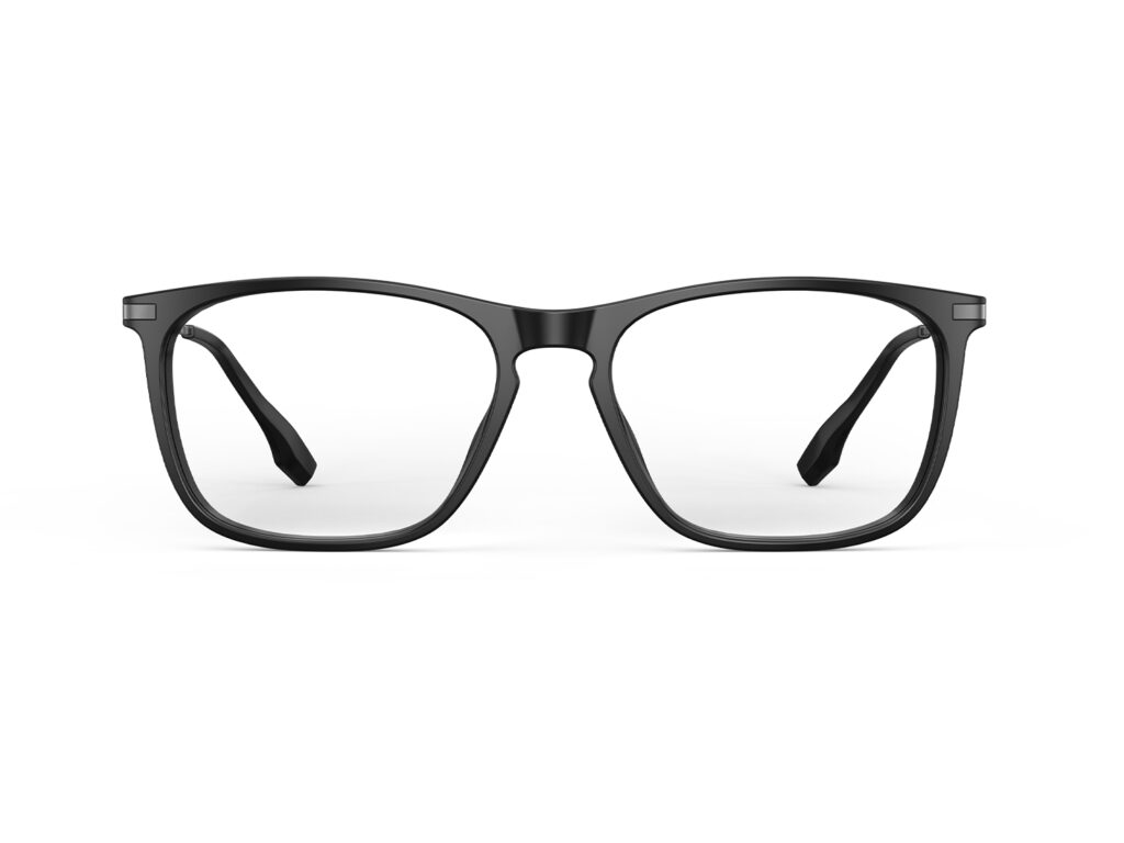 A Front view of Gloojo Clear Pro Transparent Lens Rectangle Computer and Gaming Glasses – Black Gunmetal