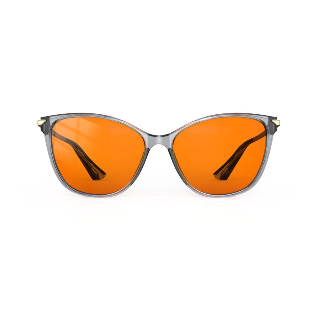 A Front view of Gloojo NightEase Orange Lens Cat Eye Sleep Glasses-grey gold