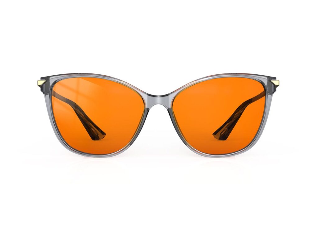 A Front view of Gloojo Night Ease Orange Lens Cat Eye Sleep Glasses-grey gold