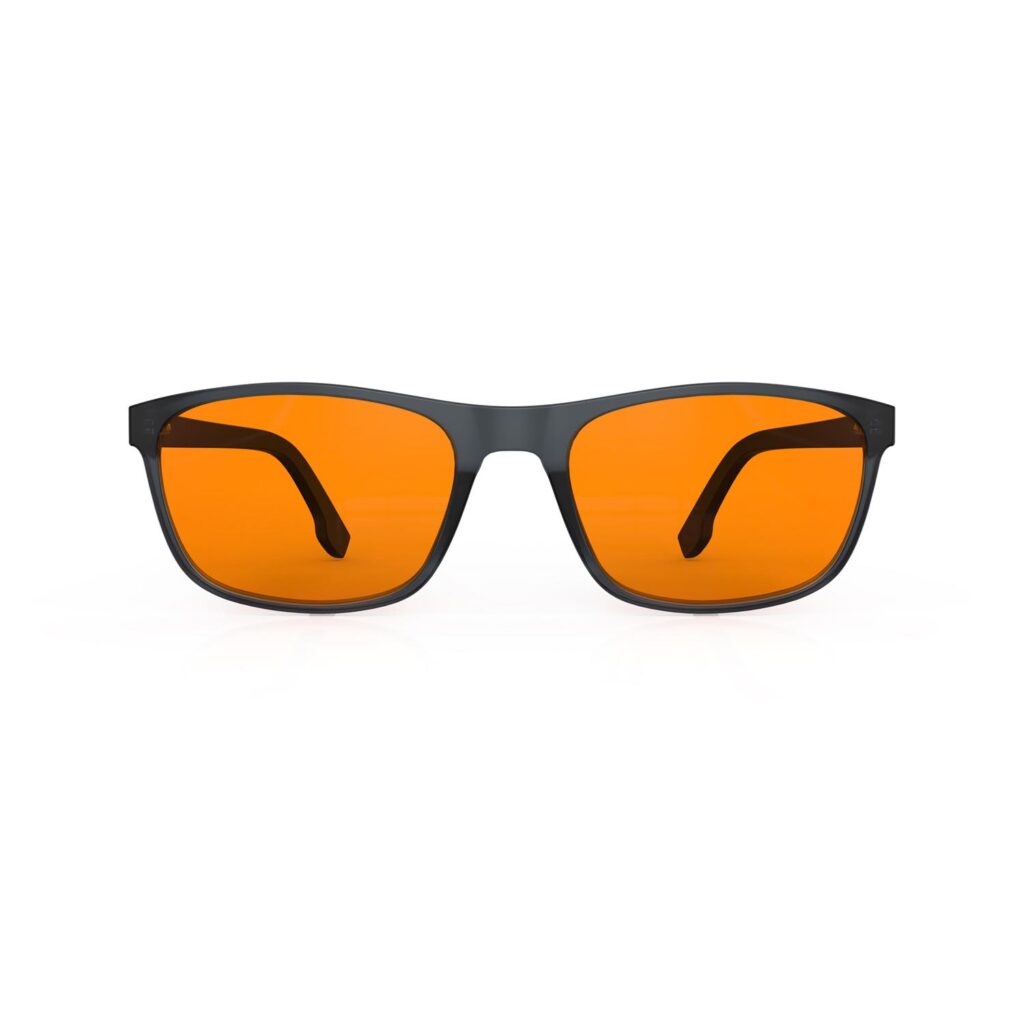 A Front view of Gloojo NightEase Orange Lens Rectangle Sleep Glasses – Black