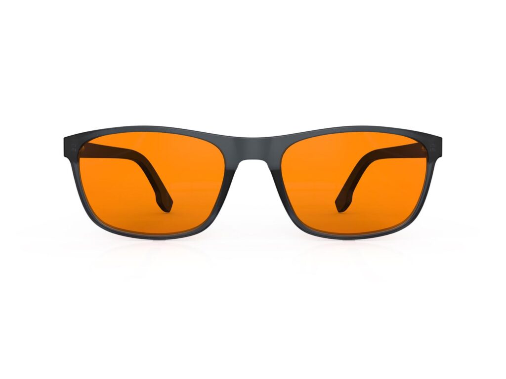 A Front view of Gloojo Night Ease Orange Lens Rectangle Sleep Glasses – Black