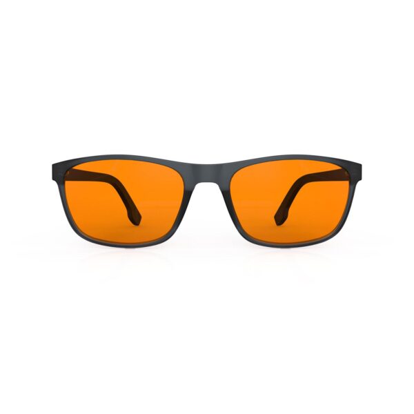 A Front view of Gloojo NightEase Orange Lens Rectangle Sleep Glasses – Black