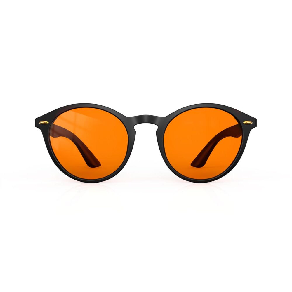 A Front view of Gloojo NightEase Orange Lens Round Sleep Glasses – Black A Front view of Gloojo Night Ease Orange Lens Round Sleep Glasses – Black