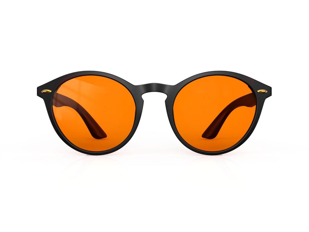 A Front view of Gloojo Night Ease Orange Lens Round Sleep Glasses – Black