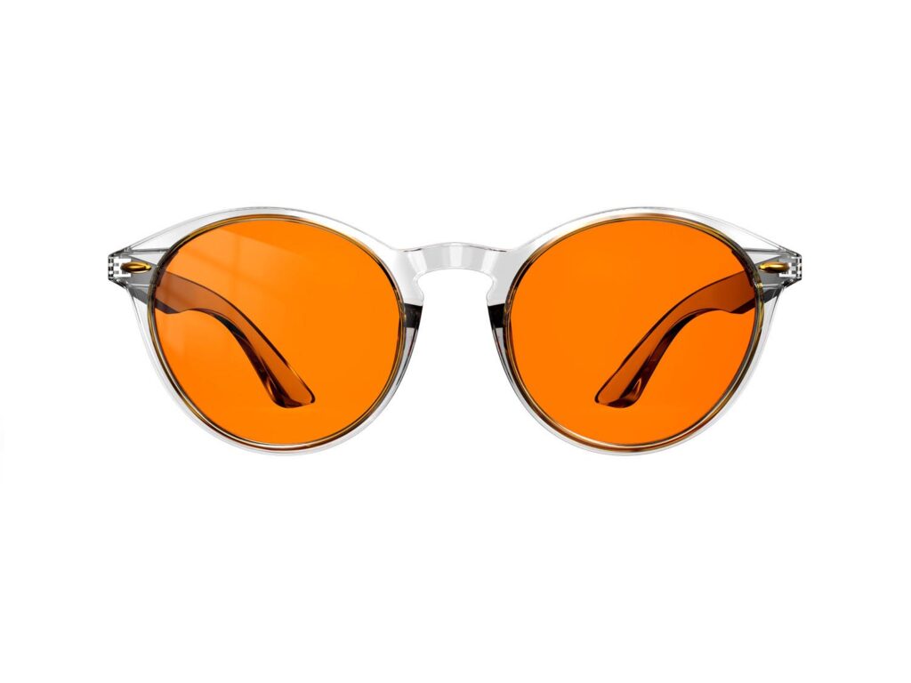 A Front view of Gloojo Night Ease Orange Lens Round Sleep Glasses – clear