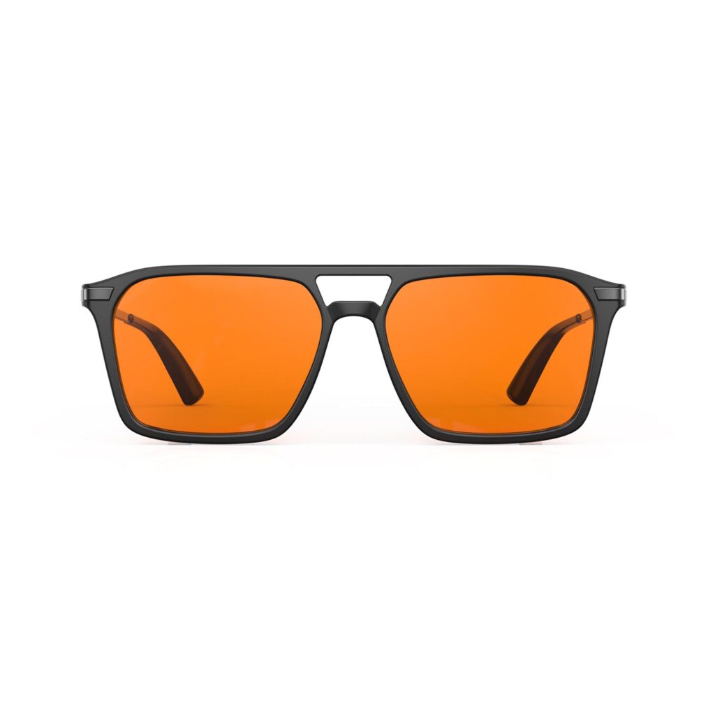 A Front view of Gloojo Night Ease Orange Lens Square Aviator Sleep Glasses – Black Gunmetal