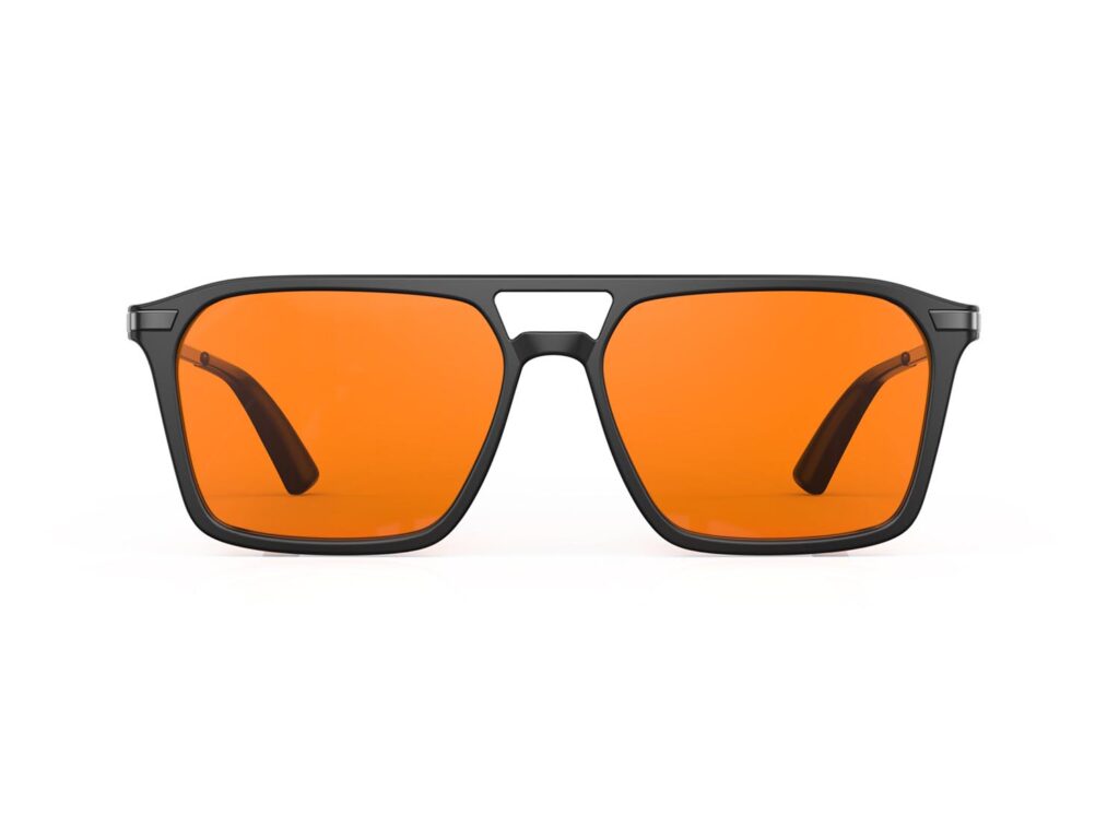 A Front view of Gloojo Night Ease Orange Lens Square Aviator Sleep Glasses – Black Gunmetal