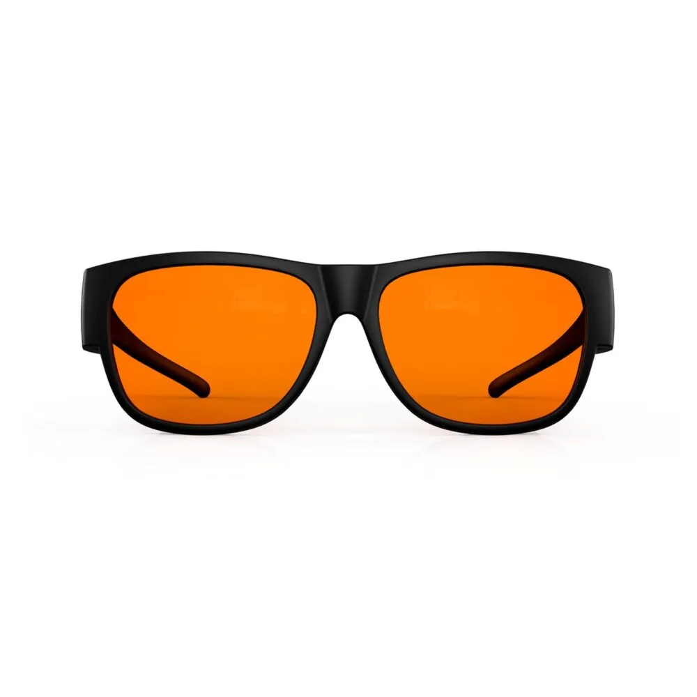 A Front view of Gloojo Night Ease Orange Lens Square Fitover Sleep Glasses -black