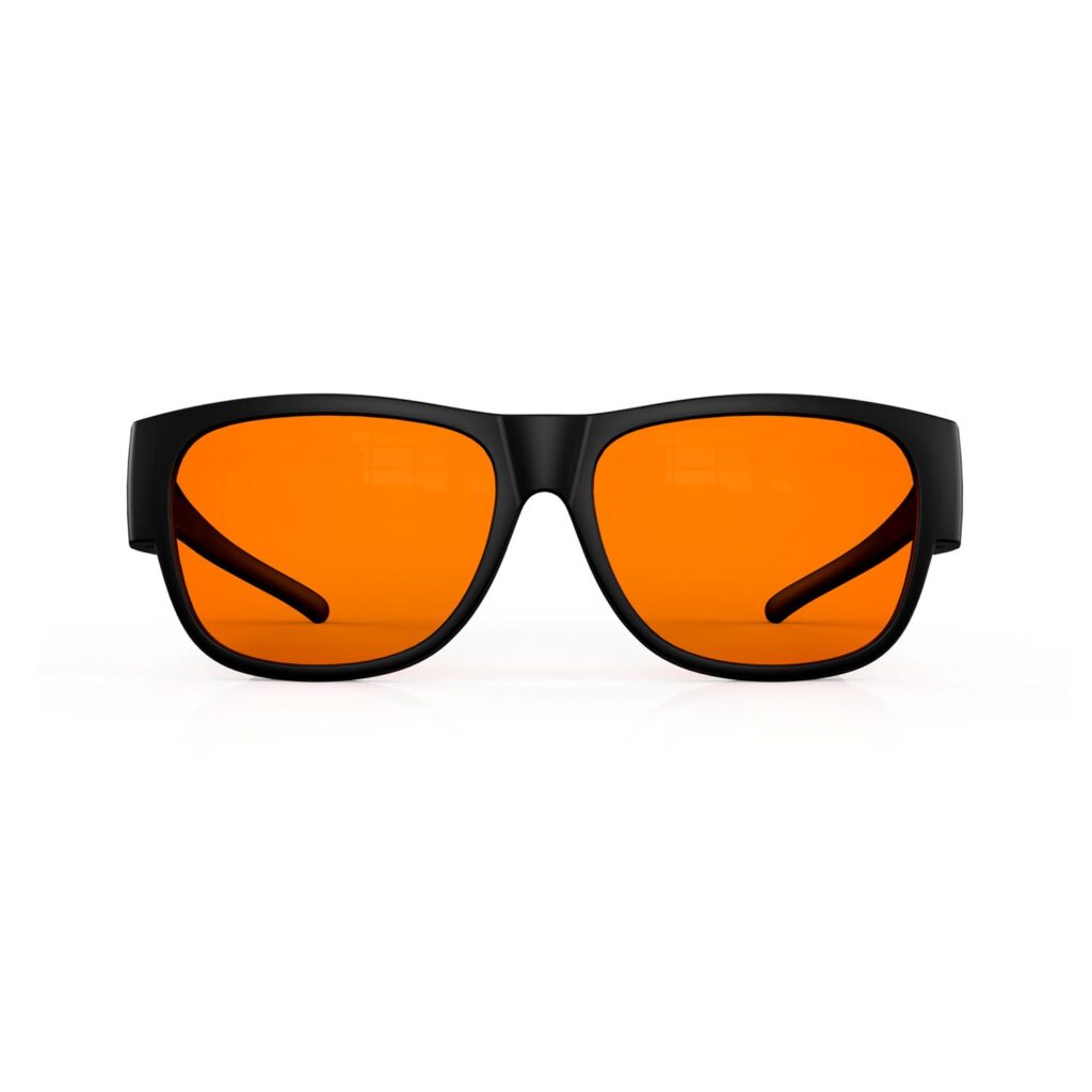 A Front view of Gloojo NightEase Orange Lens Square Fitover Sleep Glasses -black