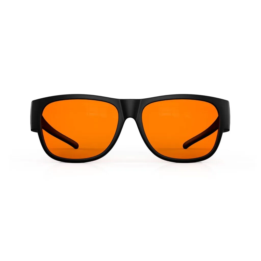 A Front view of Gloojo Night Ease Orange Lens Square Fitover Sleep Glasses -black