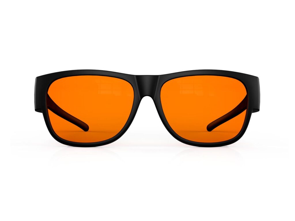 A Front view of Gloojo Night Ease Orange Lens Square Fitover Sleep Glasses -black