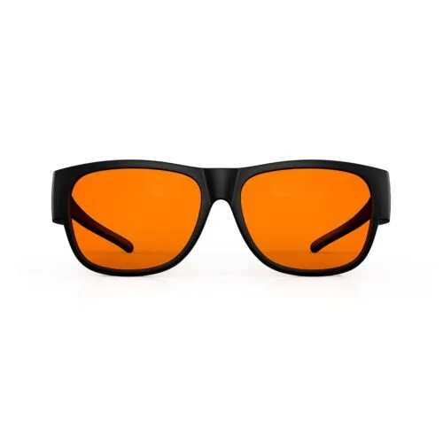 A Front view of Gloojo Night Ease Orange Lens Square Fitover Sleep Glasses -black