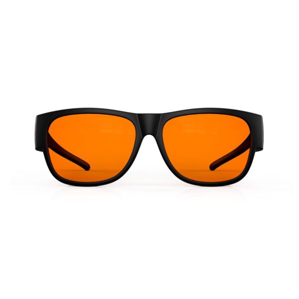 A Front view of Gloojo NightEase Orange Lens Square Fitover Sleep Glasses -black