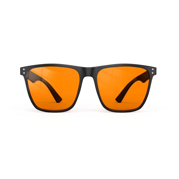 A Front view of Gloojo NightEase Orange Lens Square Sleep Glasses – Black