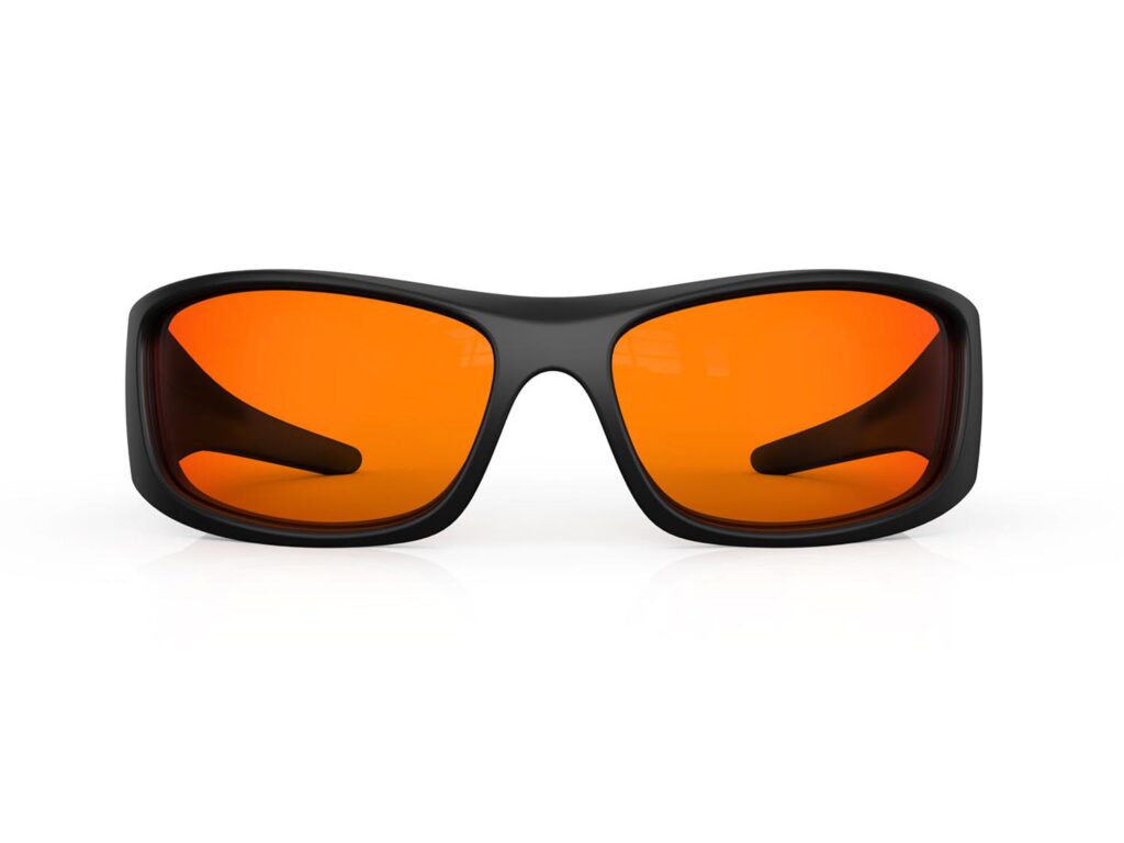 A Front view of Gloojo Night Ease Orange Lens Warp Around Sleep Glasses – Black