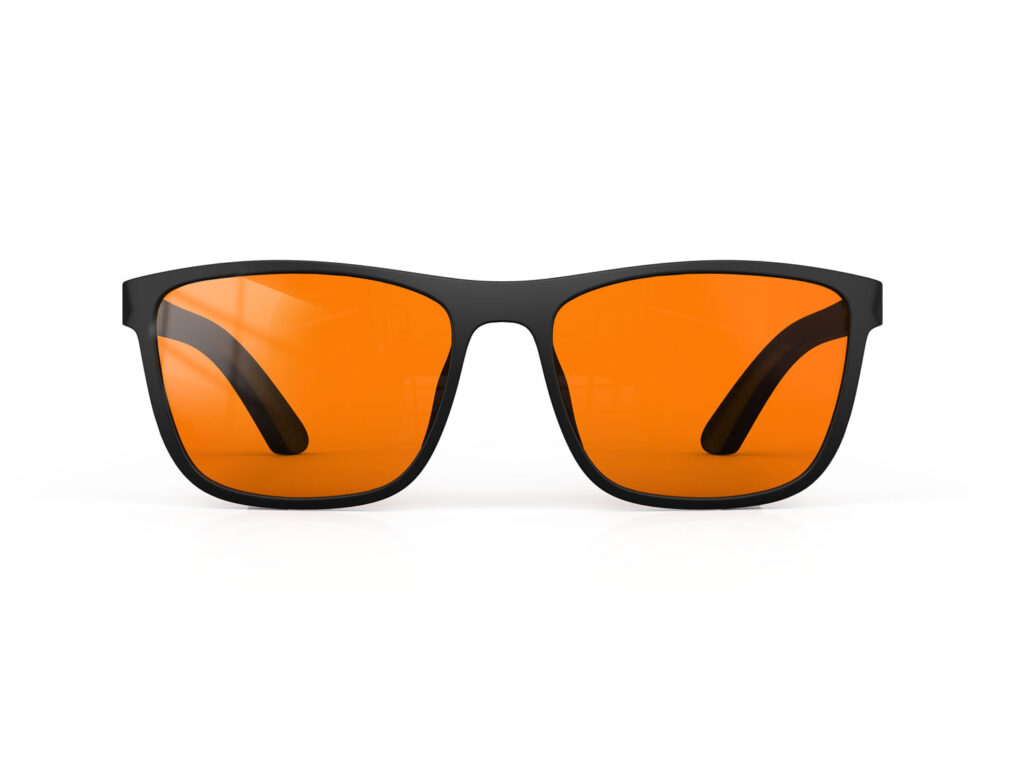 A Front view of Gloojo Night Ease Orange Lens wayfarer Sleep Glasses-black
