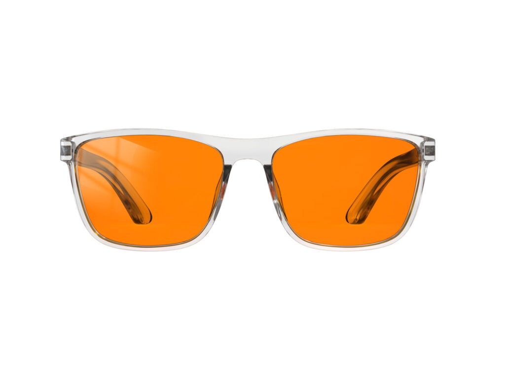A Front view of Gloojo Night Ease Orange Lens wayfarer Sleep Glasses-clear
