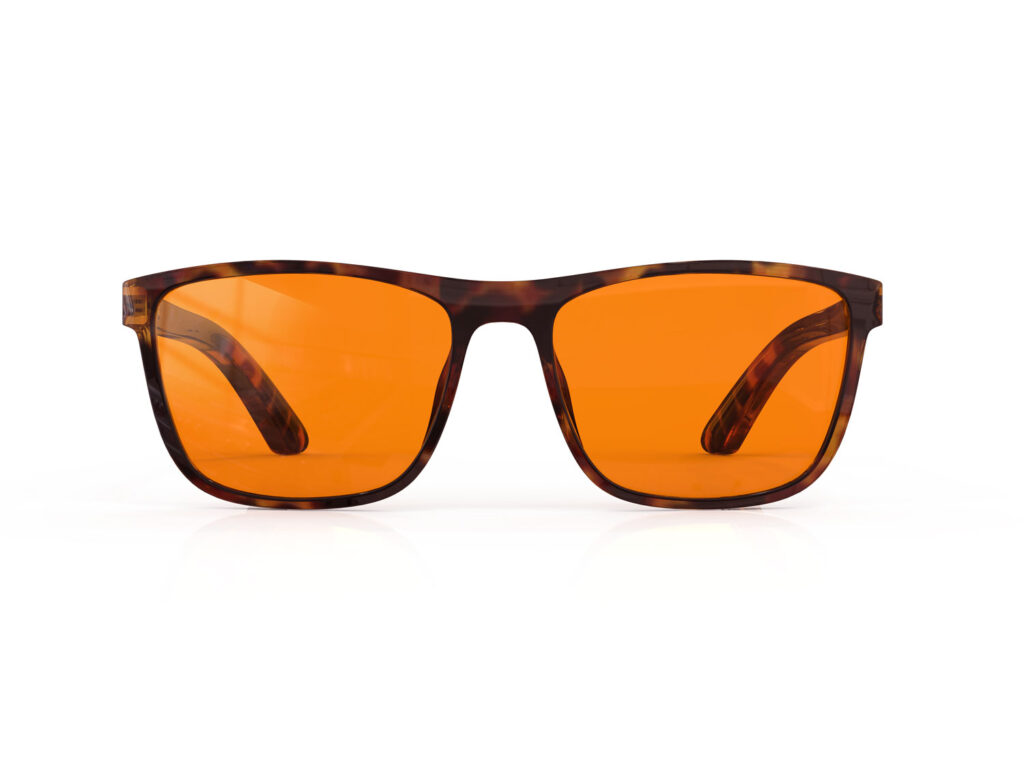 A Front view of Gloojo Night Ease Orange Lens wayfarer Sleep Glasses-tortoiseshell