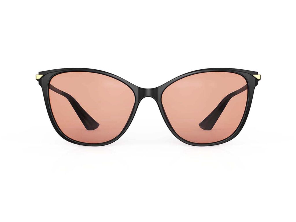 A Front view of Gloojo Rose Relief Rose Lens Cat Eye Migraine Glasses – Black Gold