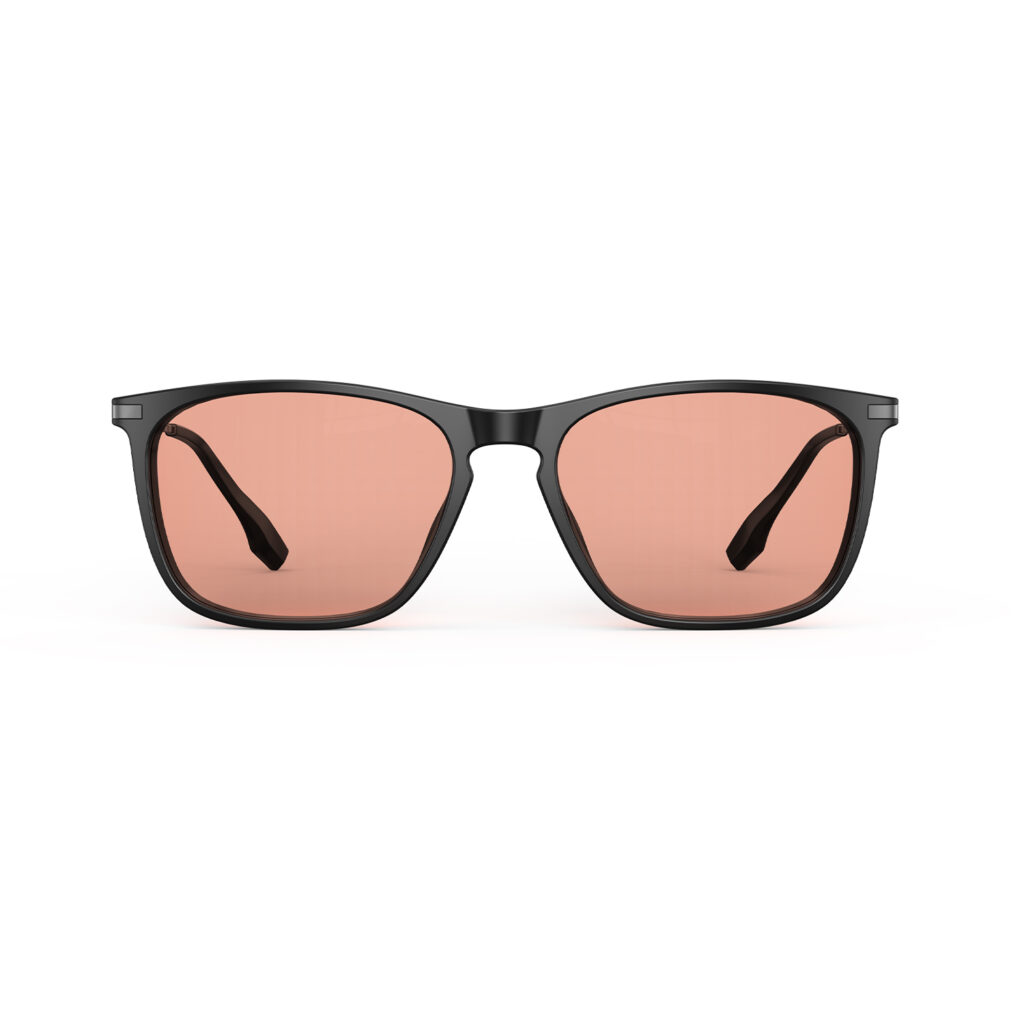 A Front view of Gloojo Rose Relief Rose Lens Rectangle Migraine Glasses – Black Gunmetal