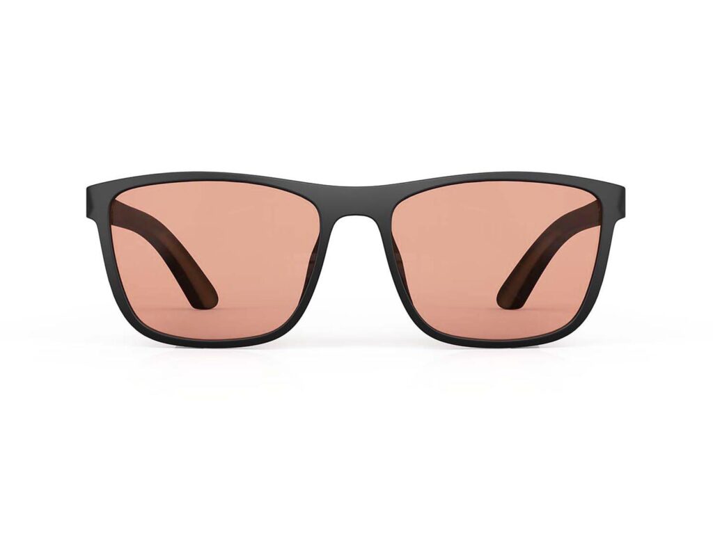 A Front view of Gloojo Rose Relief Rose Lens wayfarer Migraine Glasses – Black