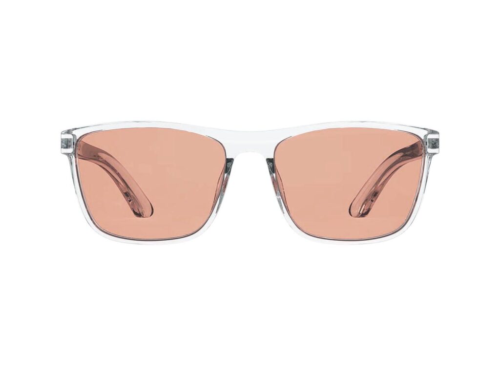 A Front view of Gloojo Rose Relief Rose Lens wayfarer Migraine Glasses – CLear