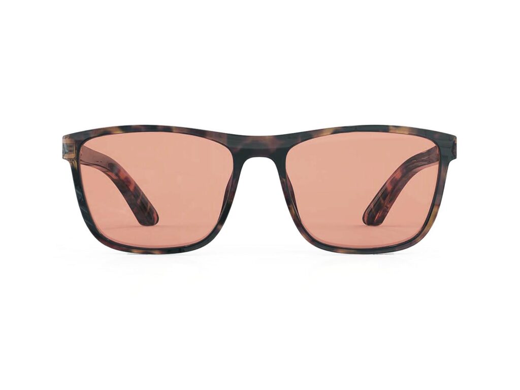 A Front view of Gloojo Rose Relief Rose Lens wayfarer Migraine Glasses – Tortoiseshell