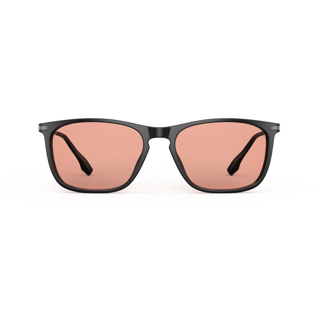 A Front view of Gloojo Rose Relief Rose Tinted Rectangle Migraine Glasses – Black Gunmetal