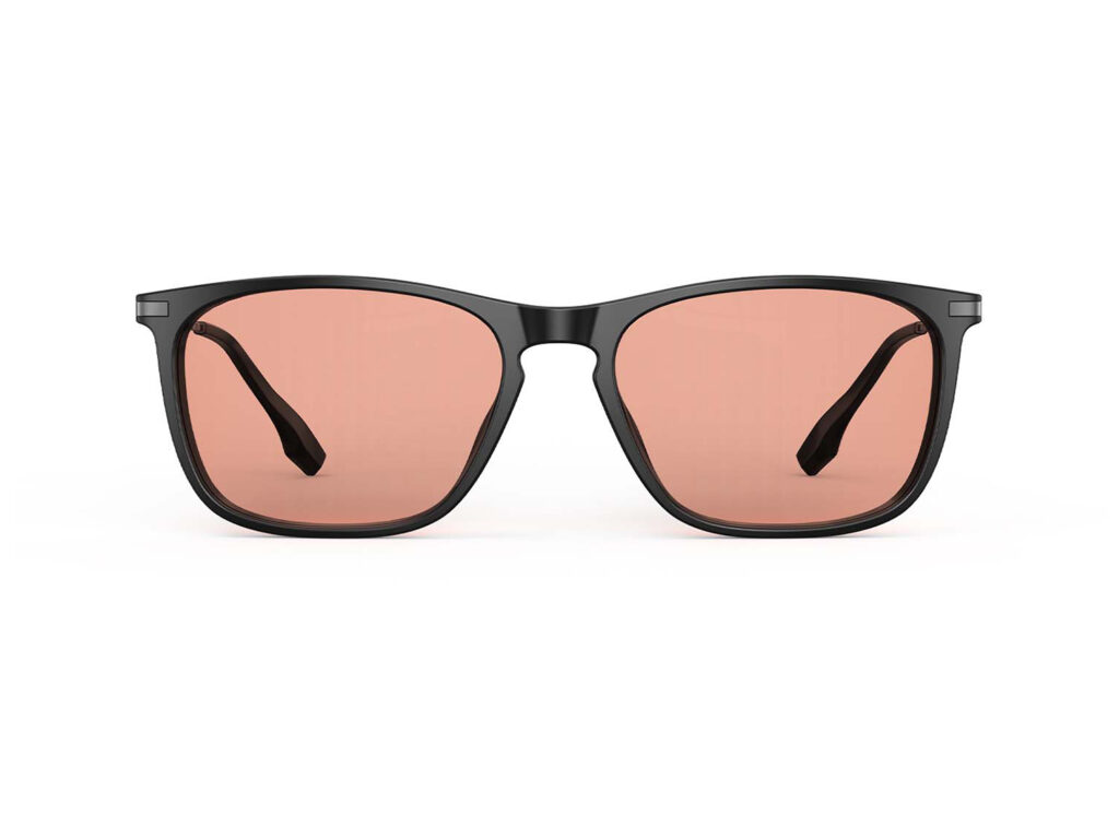 A Front view of Gloojo Rose Relief Rose Tinted Rectangle Migraine Glasses – Black Gunmetal