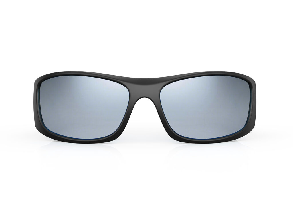 A Front view of Gloojo Shade Master Silver Mirrored Warp Around Sunglasses