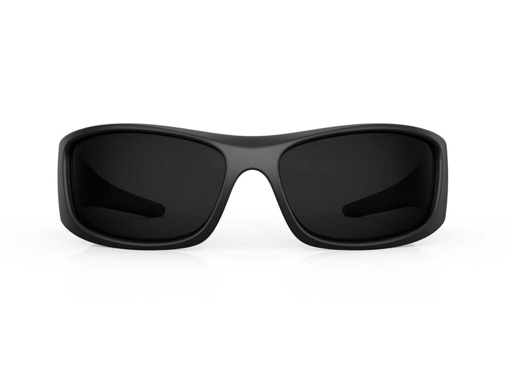 A Front view of Gloojo Shade Master Black Lens Warp Around Sunglasses – Black