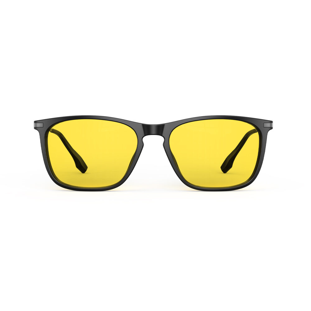 A Front view of Gloojo Sun Boost Yellow Lens Rectangle Screen Glasses – Black Gunmetal